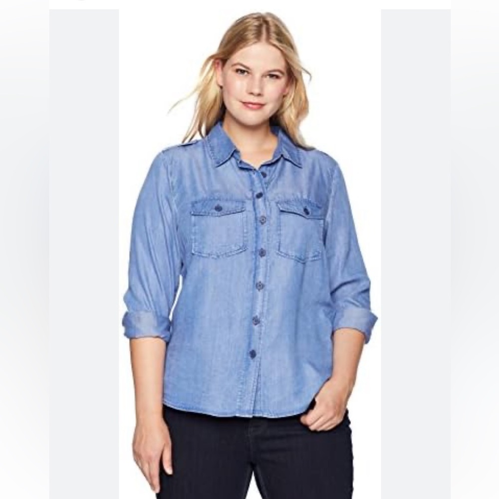Rebel Wilson x Angels Chambray plus size Army with pockets button up shirt 1X